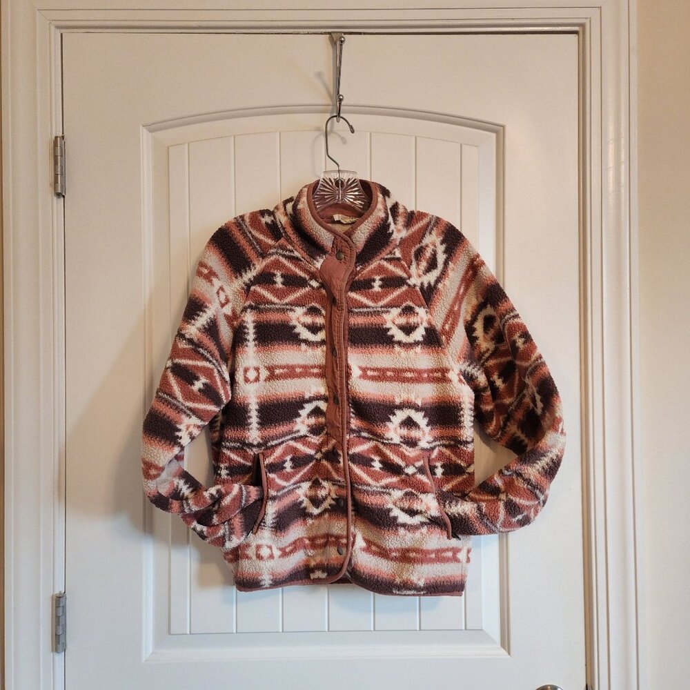 New In Womens Aztec Patterned Sherpa Jacket With Zip Pockets & Stand Collar M